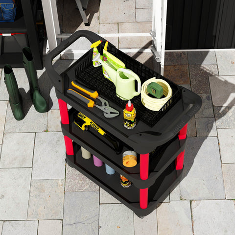 Rootz Black 3-Level Tool Cart - Utility Trolley - Rolling Workbench - Easy Mobility - 81cm x 43cm x 96cm