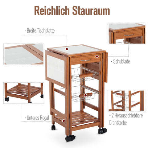 Rootz Serving Trolley - Rolling Kitchen Cart - Mobile Storage Unit - Foldable Work Surface - Easy-Care Ceramic Top - 91cm x 37cm x 75cm