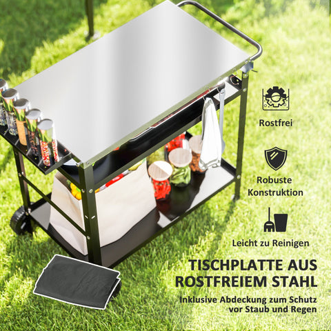 Rootz Grill Car - BBQ Serving Cart - Grill Table - Robust & Easy Clean Surface - Stainless Steel - 100x52x80cm Black, Grey