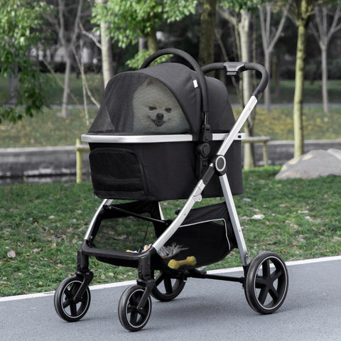 Rootz 2-IN-1 Dog Stroller - Pet Stroller - Dog Stroller with Cushion - Foldable - 1 Storage Basket -  Black - 83cm x 58cm x 102cm