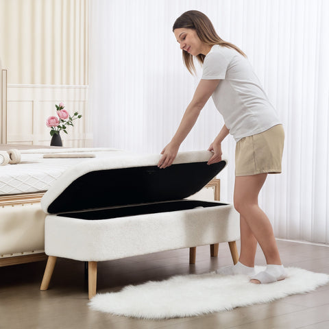 Rootz Storage Stool - Seat Stool - Foot Stool - 65 L Storage - Fleece Fabric - 120cm x 42cm x 45cm - White