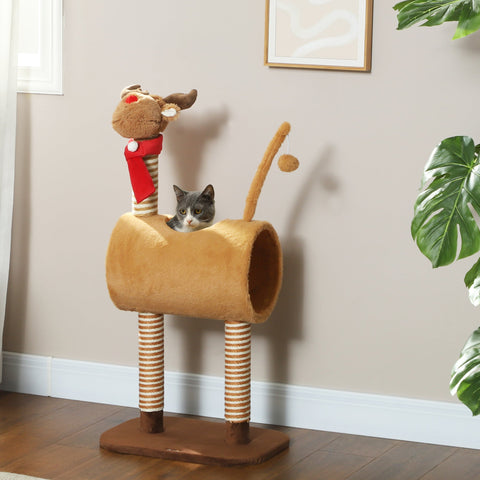Rootz 98 cm Cat Tower - Kratzbaum - Scratching Post - Protects Furniture - Brown Deer Design - 34cm x 98cm x 48cm