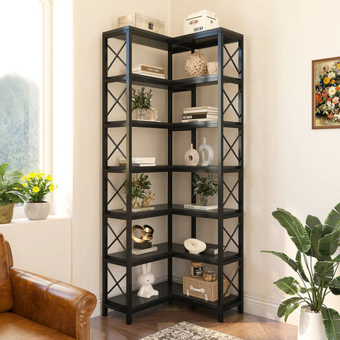 Rootz 7-Shelf Bookshelf - Display Rack - Storage Unit - Corner Optimization - 60cm L x 60cm D x 200cm H