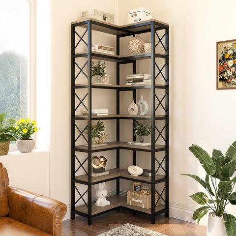 Rootz 7-Shelf Bookshelf - Display Rack - Storage Unit - Corner Optimization - 60cm L x 60cm D x 200cm H