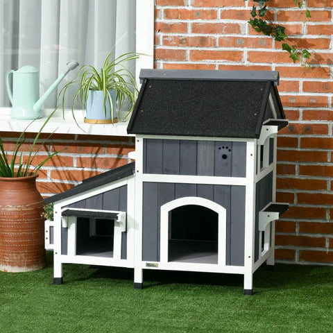 Rootz Outdoor Cat House - Two Level - Multiple Entrances - Water-Resistant Roof - Gray - 96 x 65 x 85.5cm
