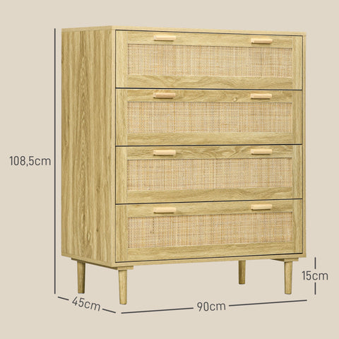 Rootz 4 Drawer Chest - Storage Furniture - Dresser - Brown - Bohemian Rattan Style - 90cm x 45cm x 108.5cm