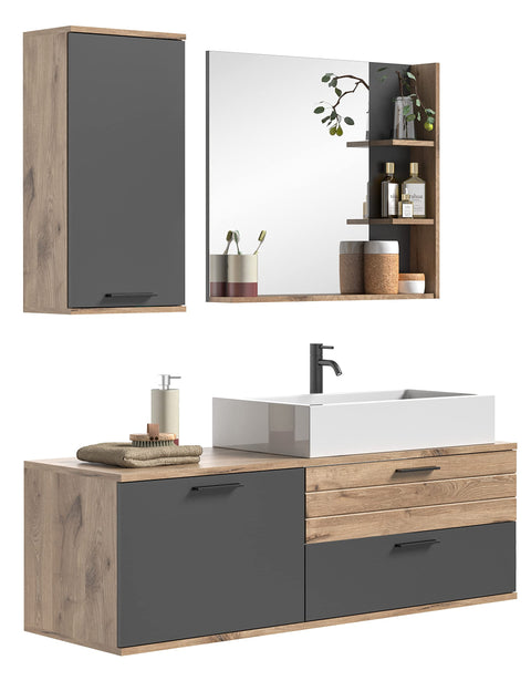 Rootz Bathroom Furniture Set - Wood Material - Basalt Gray Replica - Nox Oak Replica - 140cm x 48cm - Timeless Design - Space Saving - FSC Certified
