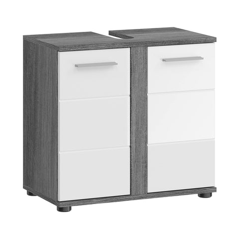 Rootz Blake Bathroom Sink Cabinet - White High-Gloss Front - Smoked Silver Body - 2 Doors 1 Shelf - 60 x 57 x 34 cm