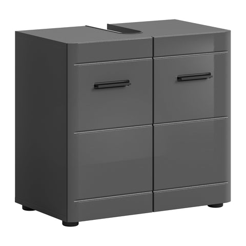 Rootz Sink Base Cabinet - Gray Glossy MDF Vanity - Bathroom Cupboard - Generous Storage - 60cm x 56cm x 34cm