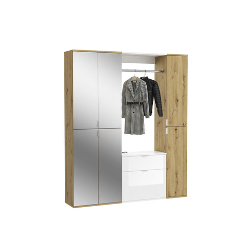 Rootz 3-Piece Wardrobe Combination - Artisan Oak Nb. - High Gloss White - Mirror Glass - Generous Storage - 152cm x 193cm x 34cm