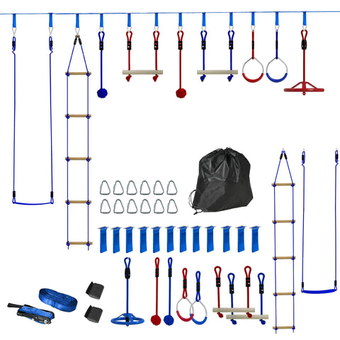Rootz Kinder Ninja Slackline Kit - Zip Lines - Gymnastics Rings - Muscle Strength - 1000cm x 5cm - Blue