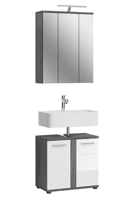 Rootz 2 Piece Set Bathroom Furniture - Vanity Set - Illuminated Vanity - Wood Material - White High-Gloss Finish - Smoked Silver Replica - FSC Certified - Timeless Design - Space-Saving - 120cm x 50cm
