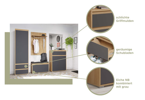 Rootz Torino Wardrobe - Closet Organizer - Dresser - Wood Material - Grey & Oak Finish - Space-saving - FSC Certified - 54cm x 190cm x 35cm