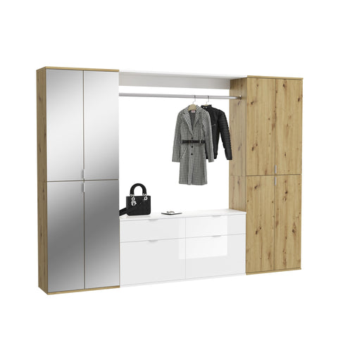Rootz 3-Piece Wardrobe Combination - Front Artisan Oak Nb./Mirror Body White High Gloss - Generous Storage - 243cm x 193cm x 34cm