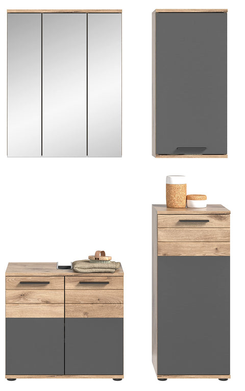 Rootz Bathroom Furniture Set - 4 Piece Wood Set - Basalt Gray Front - Nox Oak Body - 112cm x 34cm - Timeless Design - Modular System