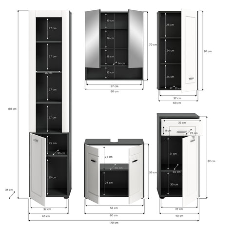 Rootz 5 Piece Set Bathroom Furniture - Vanity set - Solid Wood Furnishing - Elegant Gray Color - Sustainable Production - FSC Certified - Timeless Design - 80cm x 50cm x 180cm
