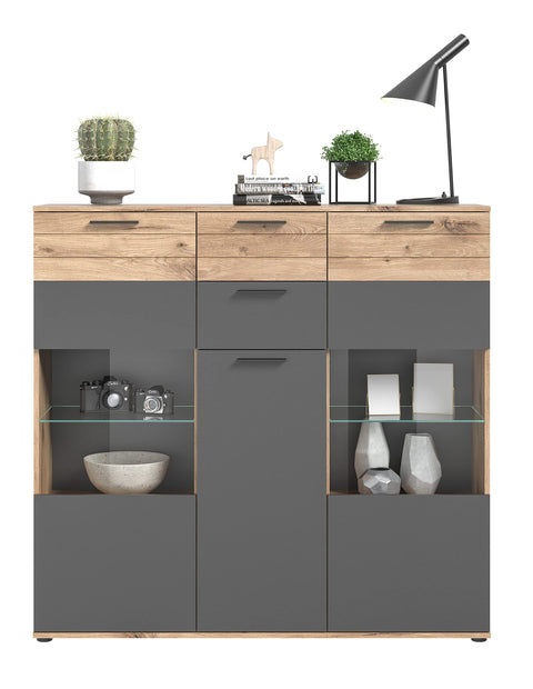 Rootz MASON 3 Door Sideboard - Glass Front Cabinet - Storage Organizer - Nox Oak Finish - 140cm x 134cm x 37cm, Gray