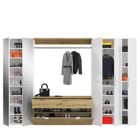 Rootz 4-Piece Wardrobe Combination - White Gloss/Mirror - Artisan Oak - Storage - 273cm x 193cm x 34cm