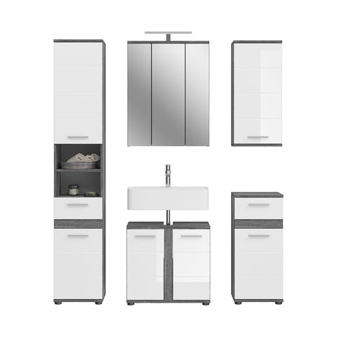 Rootz 5-Piece Set Bathroom Furniture - Vanity Set - Wood Material - High-Gloss Front - Smoked Silver - 60cm x 50cm x 180cm
