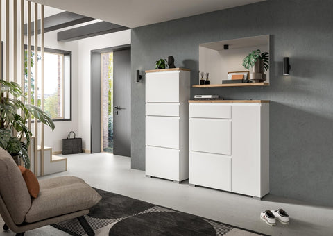 Rootz Shoe Tipper - White Shoe Cabinet - Nox Oak Decor - 1 Drawer - 3 Flaps - Double Shoe Rollers - W 60cm - 15 Pairs Storage