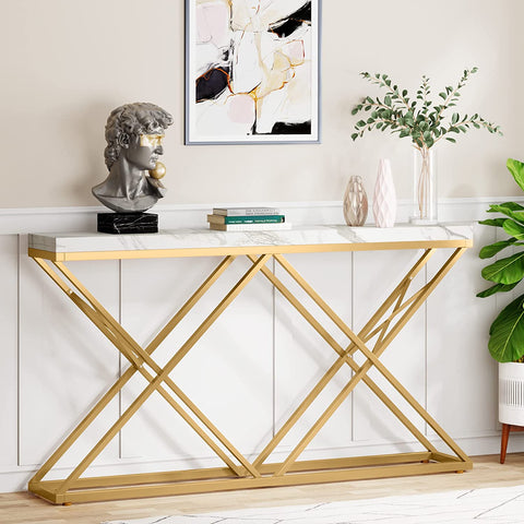 Rootz Faux Marble Console Table - Entryway Table - Foyer Table - Durable & Waterproof - 140 cm L x 30 cm W x 91.4 cm H