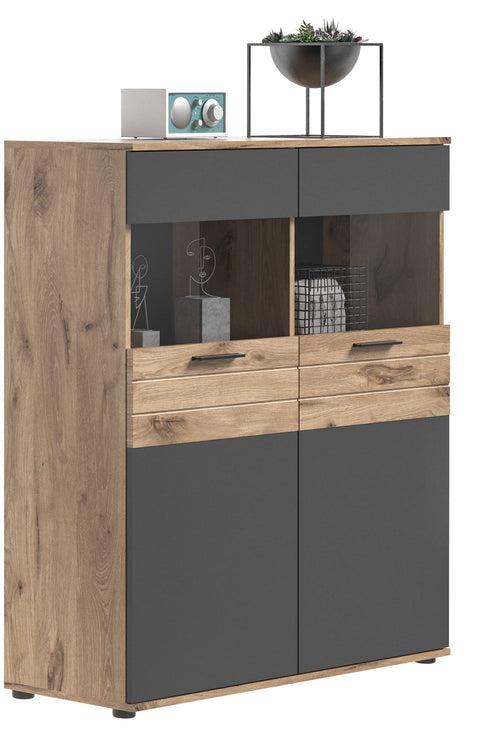 Rootz MASON Display Cabinet - Glass Showcase - 2 Door Cabinet - Modern Design - Basalt Gray - Nox Oak - 110cm x 122cm x 37cm