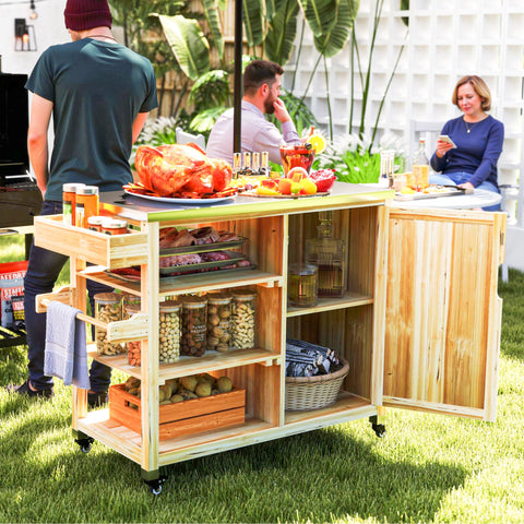 Rootz Outdoor Kitchen Island - Grilling Car - Wooden Kitchen Carts - Stainless Steel - Enhanced Mobility - 134.5l x 50b x 91.5H cm