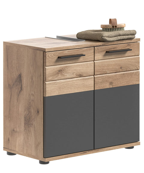 Rootz Bathroom Vanity Unit - Wood Material - Basalt Gray Replica Front - Nox Oak Replica Body - 60cm x 34cm - FSC Certified - Modern Design - Modular - Space-saving Storage