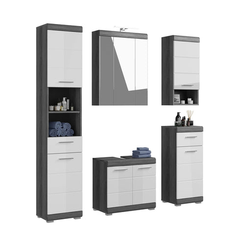 Rootz 5 Piece Bathroom Furniture Set - Modular Vanity Set - Wood Material - High-Gloss White Front - Smoke Silver Finish - FSC Certified - Dimensions: 120cm x 80cm x 45cm