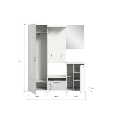 Rootz Combinable Wardrobe Furniture Set - White Wardrobe - Shoe Rack - Small Mirror - Timeless Design - 55cm x 191cm x 37cm