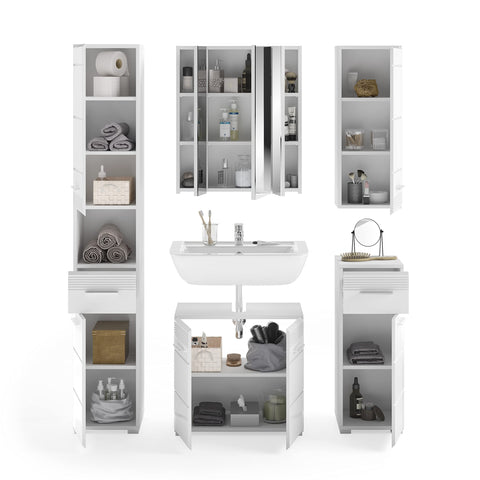 Rootz Bathroom Furniture Set - Wood Material - White Gloss Finish - Timeless Design - Modular - FSC Certified - Sink Cabinet, Mirror Cabinet, Wall Cabinet, Chest of Drawers - Easy Care - 4 Pieces