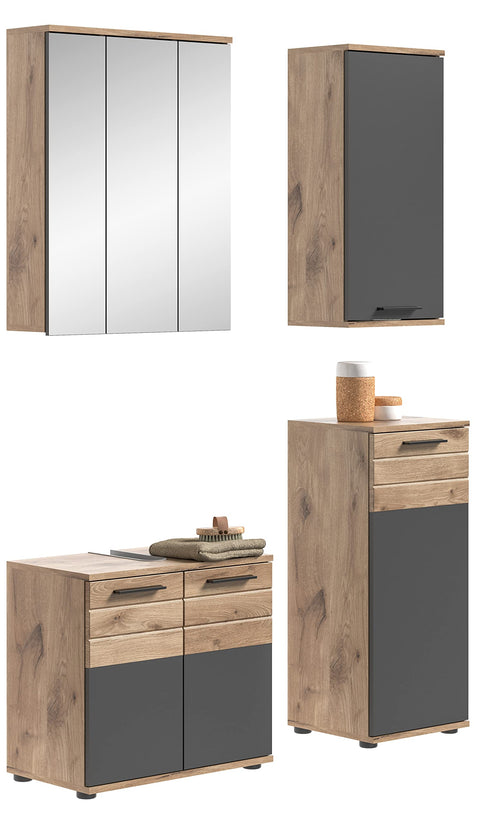 Rootz Bathroom Furniture Set - 4 Piece Wood Set - Basalt Gray Front - Nox Oak Body - 112cm x 34cm - Timeless Design - Modular System