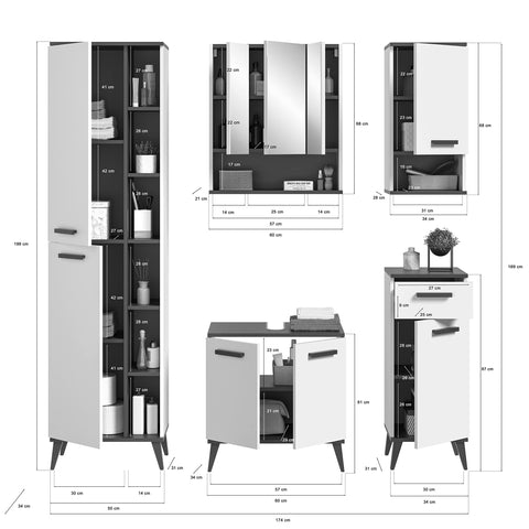 Rootz X54A2B01 Bathroom Furniture Set - Washbasin Cabinet - Vanity Cabinet - White Wood - Space-saving Design - FSC Certified - 2 Piece Set - 60cm x 50cm x 150cm