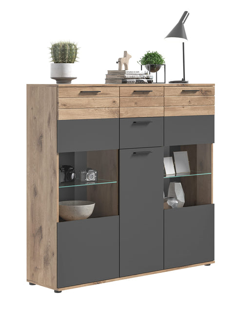 Rootz MASON 3 Door Sideboard - Glass Front Cabinet - Storage Organizer - Nox Oak Finish - 140cm x 134cm x 37cm, Gray