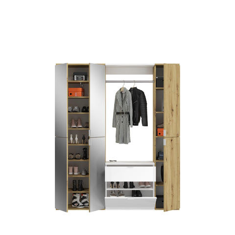 Rootz 3-Piece Wardrobe Combination - Artisan Oak Nb. - High Gloss White - Mirror Glass - Generous Storage - 152cm x 193cm x 34cm