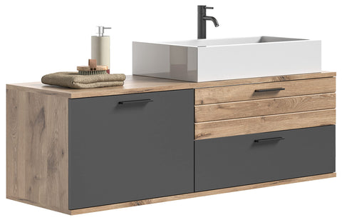 Rootz Wooden Bathroom Vanity Unit - Sink Cabinet - Nox Oak Replica - Basalt Grey Front - FSC Certified - 136cm x 48cm