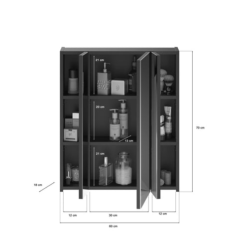 Rootz Linus Mirror Cabinet Black Bathroom - Wall Cabinet - Vanity Cabinet - 60cm x 70cm x 18cm