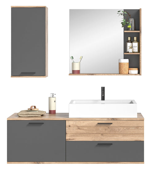 Rootz Bathroom Furniture Set - Wood Material - Basalt Gray Replica - Nox Oak Replica - 140cm x 48cm - Timeless Design - Space Saving - FSC Certified