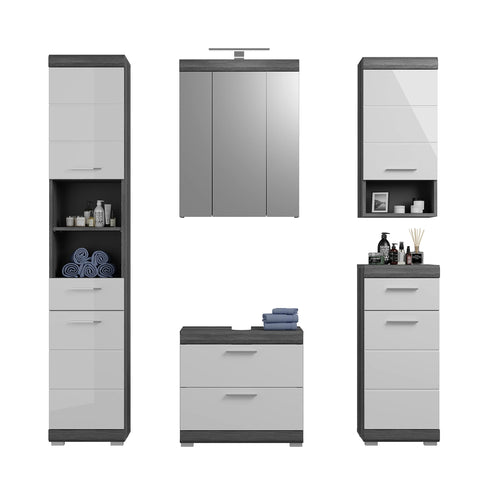 Rootz Bathroom Furniture Set - Wood Material - White High-Gloss Front - Smoke Silver Replica Body - Modular Design - FSC Certified - 5 Piece Set - Easy to Clean - Space Saving - Dimensions: Varied