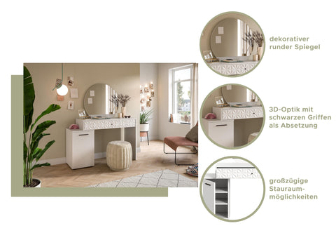 Rootz Prisma Dressing Table in White High Gloss - Desk - Cosmetic Table - 1 Door - 1 Drawer - Space-saving - 117cm x 138cm x 42cm