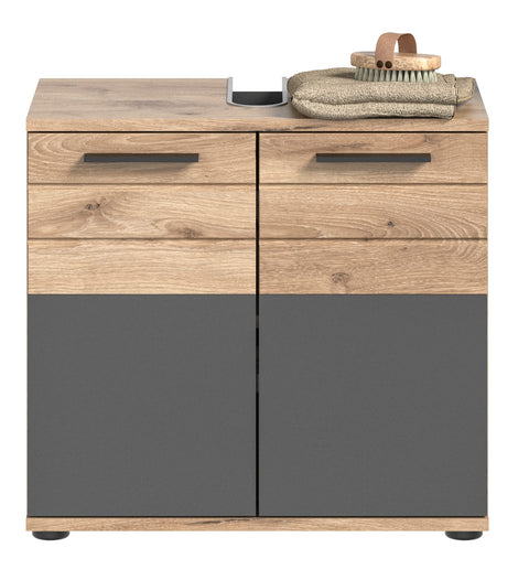 Rootz Bathroom Vanity Unit - Wood Material - Basalt Gray Replica Front - Nox Oak Replica Body - 60cm x 34cm - FSC Certified - Modern Design - Modular - Space-saving Storage