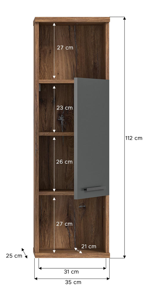 Rootz Ramon Hanging Tall Cabinet - Bathroom Cabinet - Bathroom Storage - Wood Material - Gray - Approx. 35x112x25 cm
