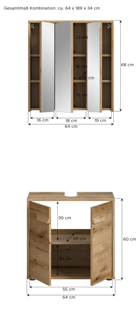 Rootz 2-Piece Set Bathroom Combination - Evoke Oak - Contemporary Style - Generous Storage - 64cm x 189cm x 34cm
