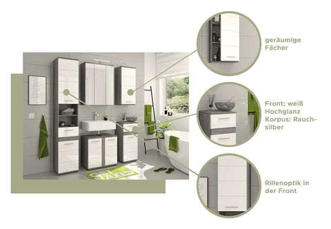 Rootz Blake Tall Cabinet - White High-Gloss Front, Smoke Silver Body - Modular Design - FSC Certified - 35cm x 191cm x 31cm