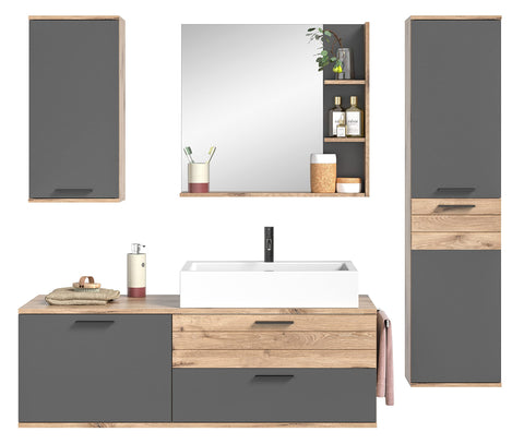 Rootz Wood Bathroom Furniture Set - Natural Material - Basalt Gray Replica - Nox Oak Replica - Timeless Design - 192cm x 48cm