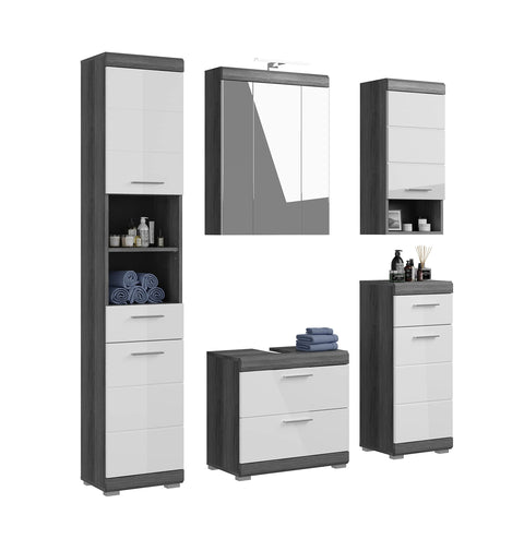 Rootz Bathroom Furniture Set - Wood Material - White High-Gloss Front - Smoke Silver Replica Body - Modular Design - FSC Certified - 5 Piece Set - Easy to Clean - Space Saving - Dimensions: Varied