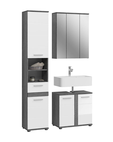 Rootz 3 Piece Set Bathroom Furniture - Wood Material - High-Gloss Front - Smoked Silver Body - Timeless Design - FSC Certified - 70cm x 60cm x 75cm
