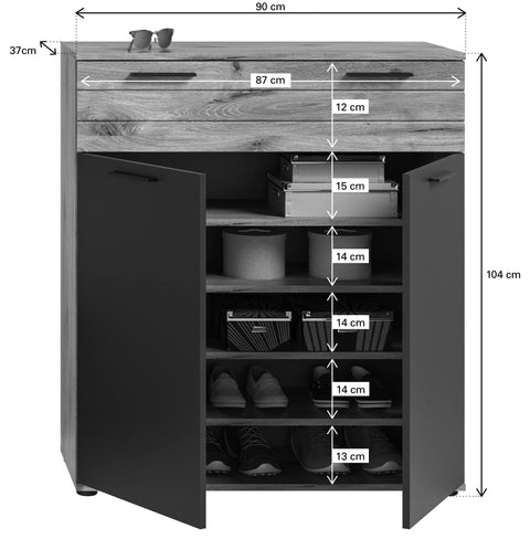 Rootz Mason Shoe Cabinet - Wooden Chest of Drawers - Shoe Storage Organizer - 90cm x 104cm x 37cm
