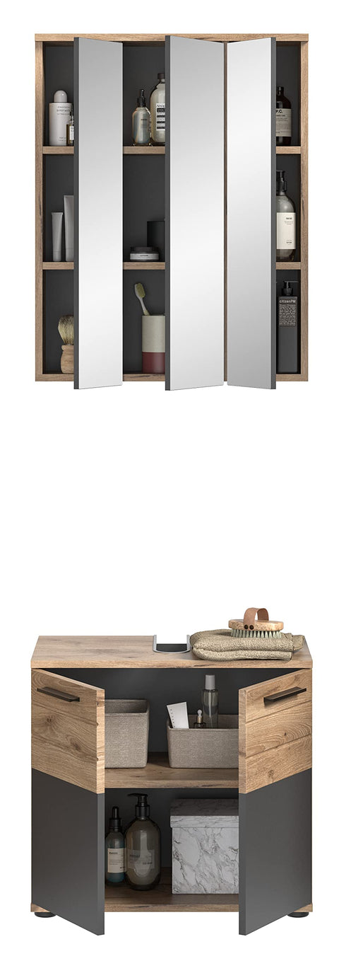 Rootz Bathroom Furniture Set - Wood Material - Basalt Gray Replica - Nox Oak Replica - Timeless Design - FSC Certified - 2 Piece Set - Modular - **Dimensions not provided**