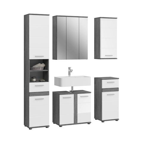Rootz 5 Piece Set Bathroom Furniture - Vanity Set - Wood Set - White High-Gloss - Smoked Silver Finish - FSC Certified - 120cm x 50cm x 60cm